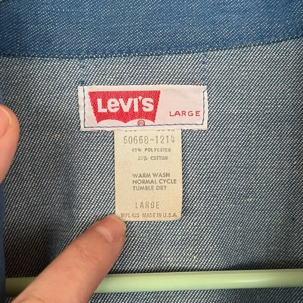 Vintage 60s 70s Levi’s Orange Tab Western Pearl Snap Denim Shirt Size Large Blue